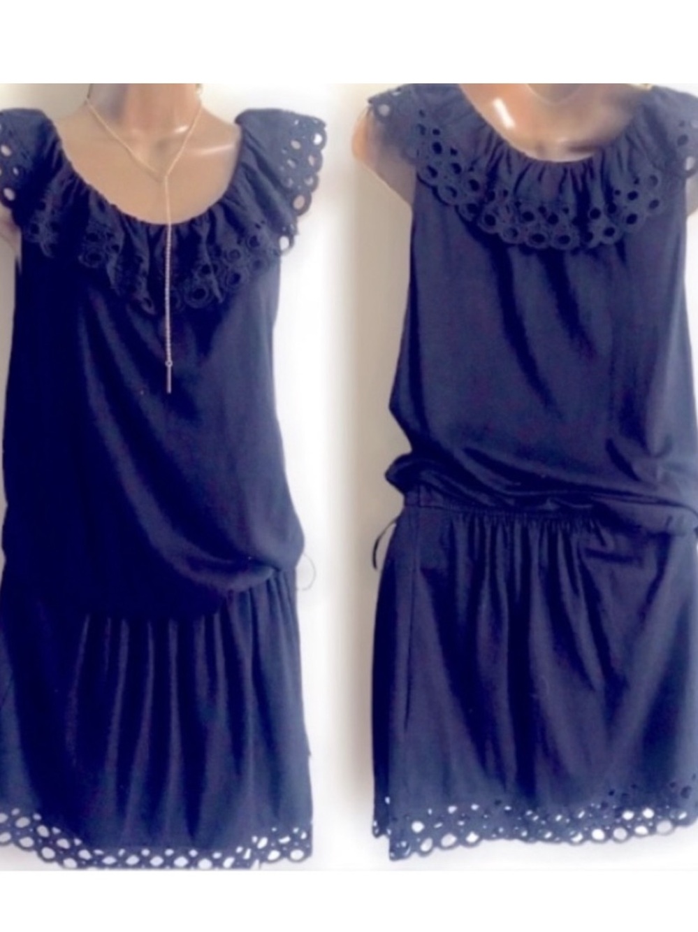 Black Eyelet Ruffle Neck Women’s Dress